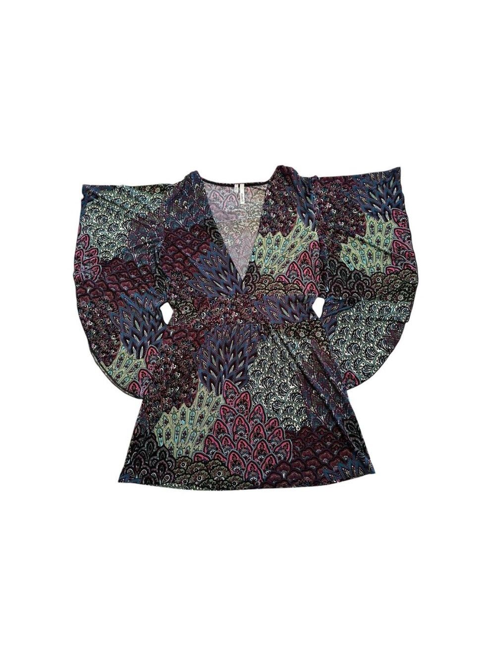 Studio Y Fairy Peasant Peacock Tunic Top Womens Small Kimono Sleeves Paisley